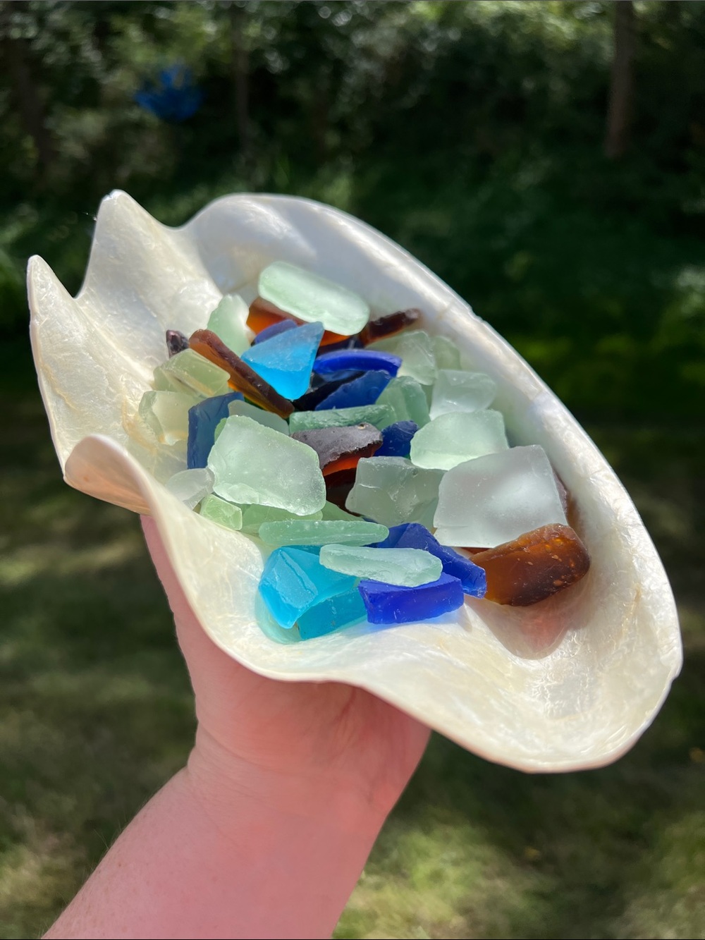 Vintage Pearl Capiz Shell Bowl with Colorful Sea Glass Beach Nautical Decor